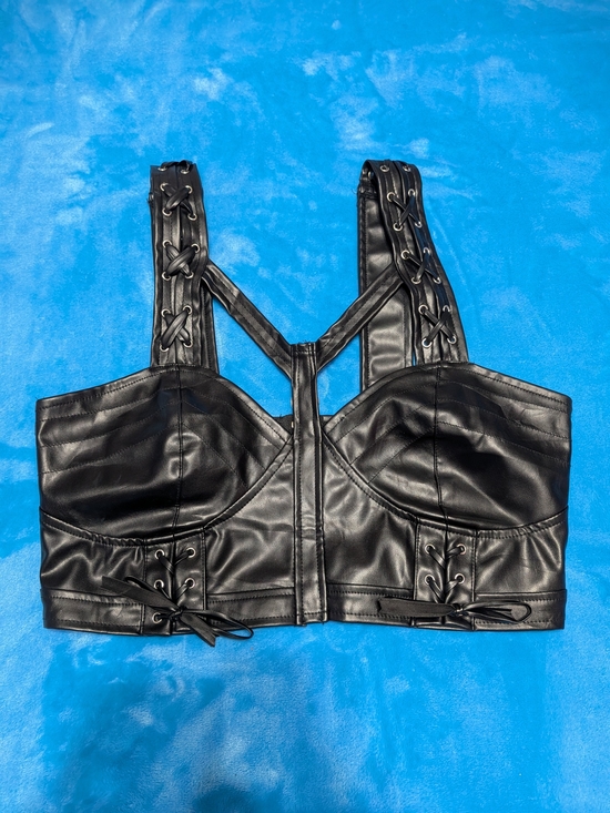 Spencer's Tops - Midnight Rebel Lace-Up Bustier 🔥 Black Faux Leather Crop Top
